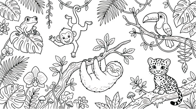 Jungle coloring page with cute wild animals, tropical rainforest landscape line art, black and white vector illustration for kids activity book