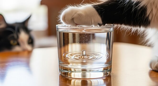 Curious cat gently taps water in a glass with its paw, creating ripples.
