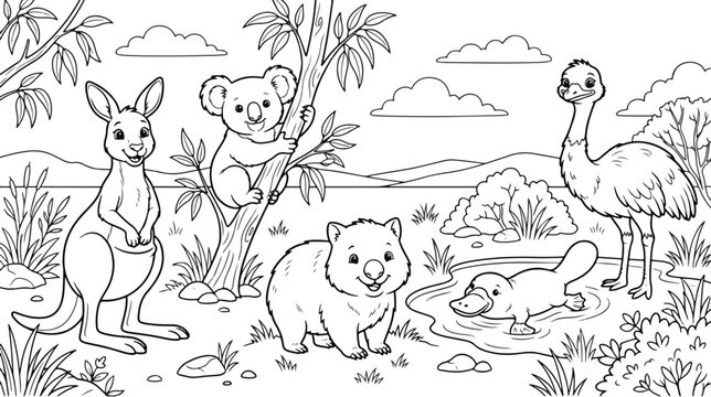 Australian animals coloring page vector, cute kangaroo koala wombat platypus and emu in outback landscape, educational wildlife line art illustration