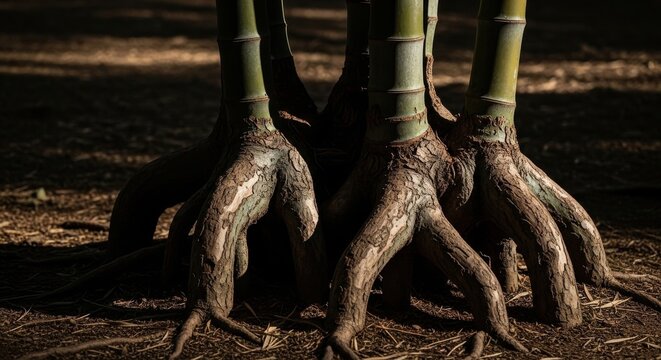 Thick Gnarled Roots of Ancient Tree Anchoring Deep in Earth