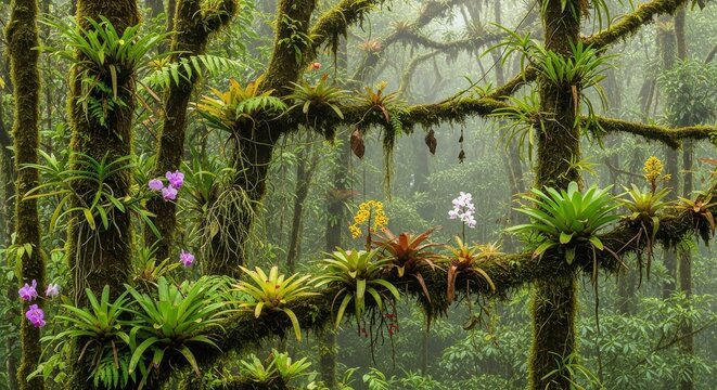Lush Jungle Canopy with Diverse Epiphytic Plants and Flowers