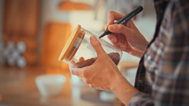 Labeling a glass jar, a girl in her home kitchen marks it rice for cereal storage, arranging transparent jars on the counter. This tidy habit showcases organized food keeping and household order