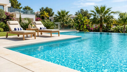 Fototapeta premium Sun loungers with striped cushions are perfectly positioned on a polished stone deck next to a crystalline swimming pool overlooking lush tropical gardens and a private estate.