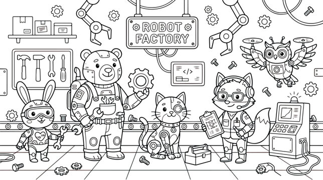 Robot factory coloring page for kids, cute animal engineers and mechanical droids vector, black and white science workshop illustration
