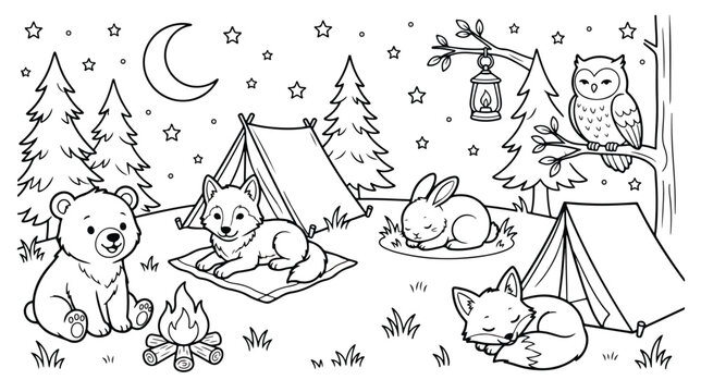 Camping animals coloring page vector, woodland forest night scene with cute bear fox and owl, black and white outline illustration for kids activity