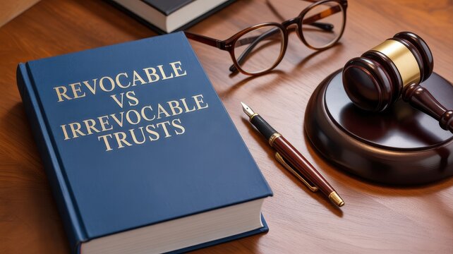 Revocable vs Irrevocable Trusts Law Book with Gavel and Pen on Wooden Desk