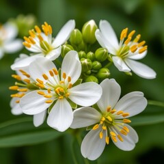 Fototapeta premium Close-up of White Flowers with Yellow Stamens and Green Buds.