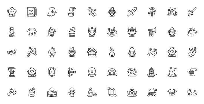 Fairytale icon set. Fantasy vector pack. Featuring ogre, book, ghost, wizard, knight, princess, dragon, unicorn, castle, and more. Editable vector stroke.