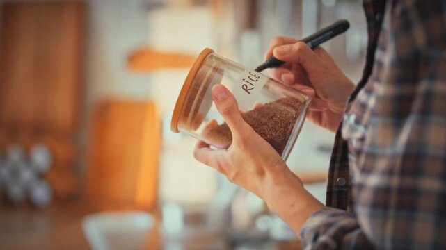 In a home kitchen, a girl labels a clear glass jar rice for cereal storage. The tidy act showcases her habit of organizing the kitchen, ensuring proper food preservation and household order
