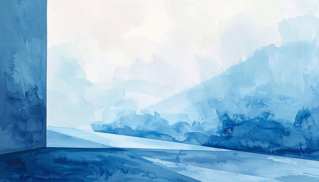 Abstract oriental ink wash background with traditional window frame shadow and heavy watercolor texture copy space