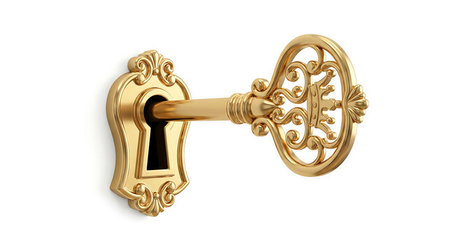 Ornate vintage golden key inserted into classic antique keyhole on white background with security decorative mechanism solution