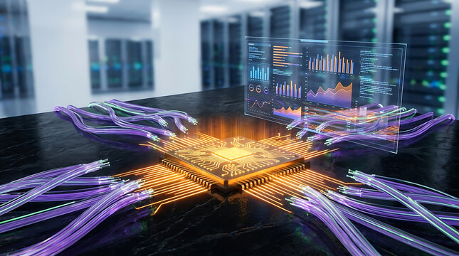 Computer processor chip connected to multiple glowing fiber optic cables for high speed data transfer with processor transfer technology computer connection computing electronics information