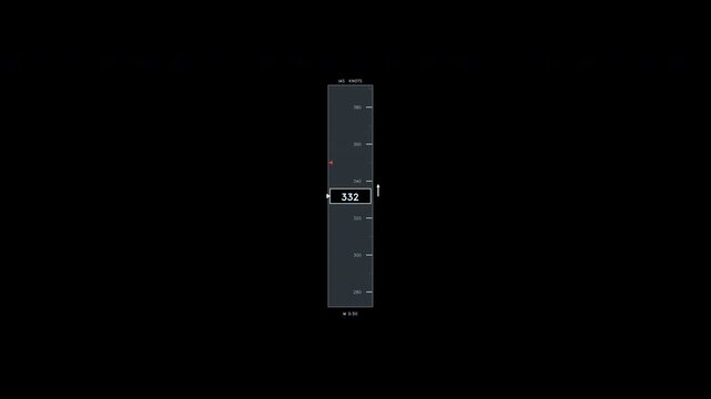 A vertical scrolling airspeed tape gauge with white numerical readouts, Mach speed data, and a central indicator box. This animated interface element loops for flight telemetry overlays.