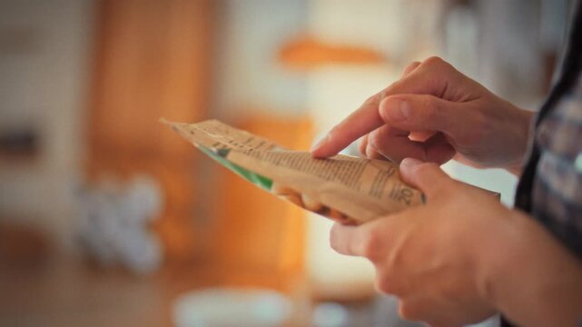 Studying the label on a soft package, a young woman in a bright home kitchen checks the nutrition facts, ensuring the product's composition aligns with her responsible health approach