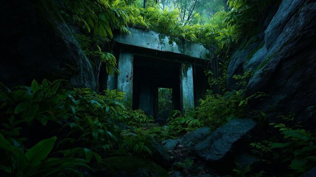 Lush, vibrant green jungle foliage densely covers mossy rocks and a dark, mysterious opening in the deep forest.