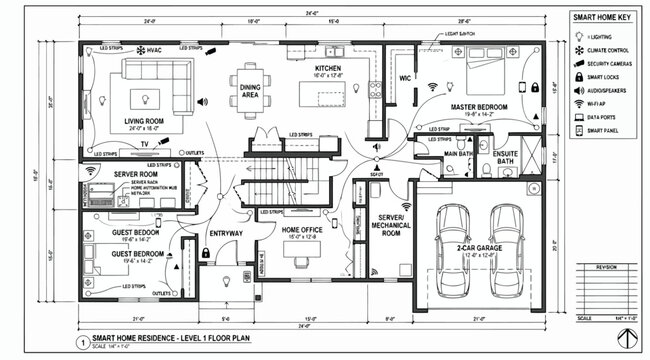 Smart home residence level 1 floor plan architectural schematic
