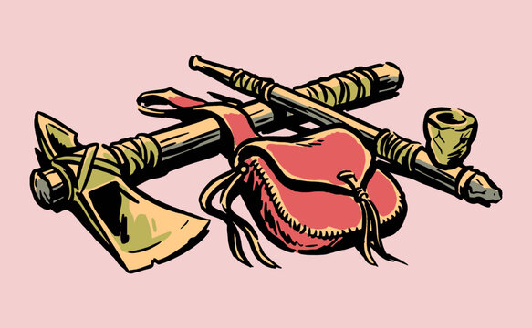 Native American heritage tomahawk, peace pipe and leather pouch. Vintage vector illustration for t-shirt print, poster, and sticker design.