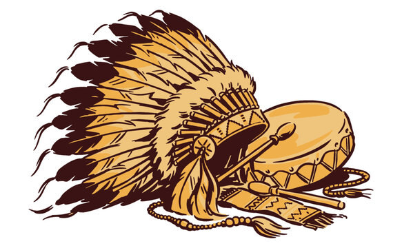 Native American Indian headdress and drum illustration. Vintage ethnic tribal graphic design for t-shirt print, poster, and background.