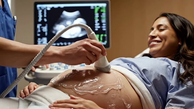 Pregnant Woman Smiling During Ultrasound Examination In A Clinical Setting With Healthcare Professional Monitoring Unborn Baby On Screen