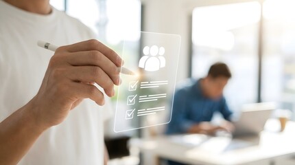 Naklejka premium Recruitment and hiring process concept with HR manager evaluating candidate profiles using digital checklist for talent assessment and employee selection in modern workplace