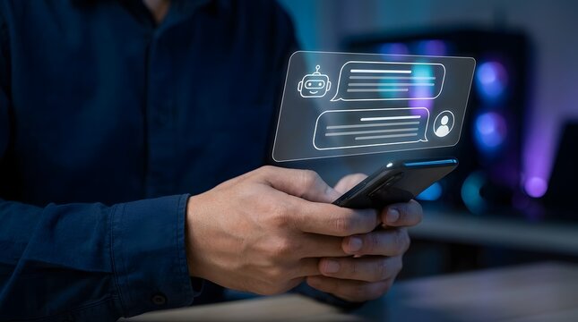 Smart virtual assistant technology and machine learning interaction concept with person using smartphone and floating AI chat interfaces representing artificial intelligence and digital automation