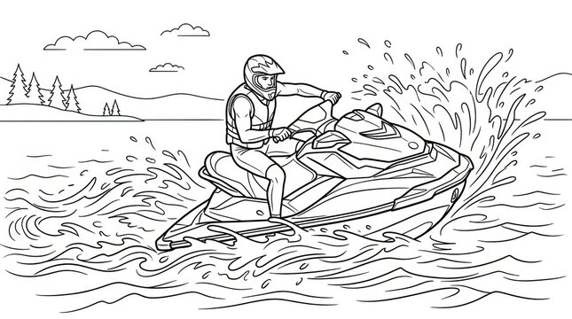 Jet ski rider on water waves, summer recreation, outdoor activity, line drawing