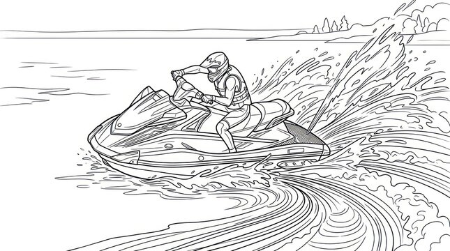 Jet ski rider speeding across water, creating splash and wake, summer fun.