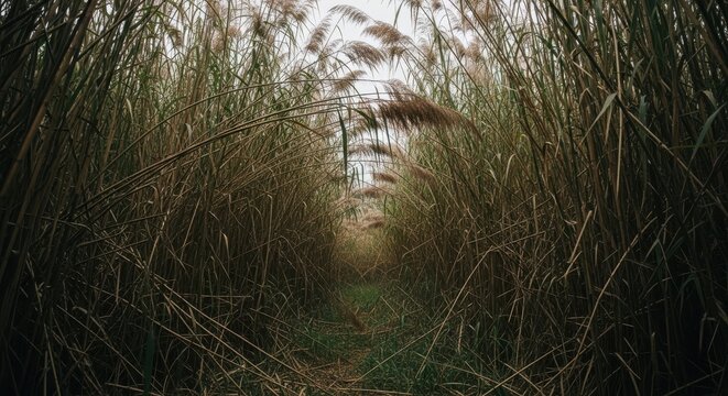 A narrow jungle path disappearing into dense vegetation and light