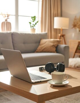 Modern living room scene featuring laptop coffee cup and headphones