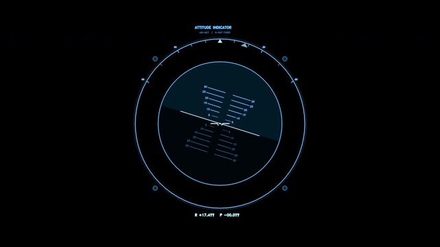 A cyan digital attitude indicator interface element featuring a rotating pitch ladder and horizon line. Includes telemetry readouts and loops seamlessly for tech overlays.