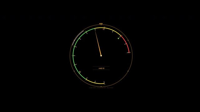 A circular cockpit gauge showing g force acceleration with a moving amber needle, color coded scale, and digital readout. Animated interface element with transparent background.