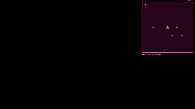 Magenta tactical map widget featuring moving unit markers, coordinate readouts, and a grid overlay. The animation loops seamlessly for video compositing.