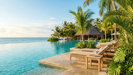 Fototapeta premium Swimming pool featuring an infinity edge overlooks a tropical beach resort with lush palm trees and comfortable lounge chairs arranged for guests to relax.
