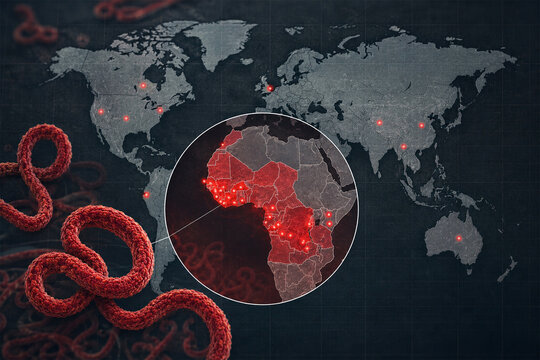 Global Ebola Virus Outbreak Map Showing Filovirus Spread, Epidemic Hotspots and Worldwide Infectious Disease Transmission Concept