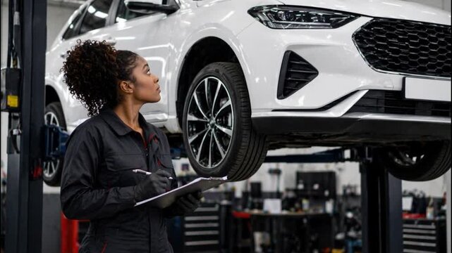 Young female auto mechanic checking under car condition on lifter in garage.


