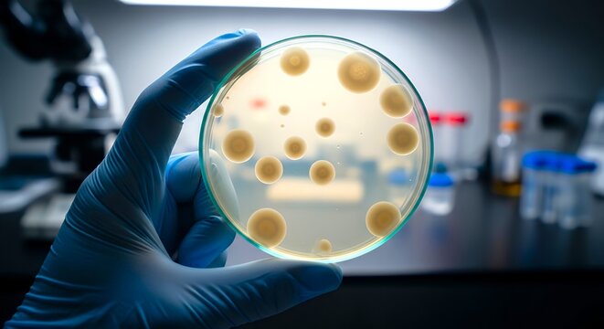 Gloved hand holding Candida auris colonies in petri dish laboratory setting