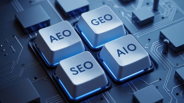 Digital marketing concept keyboard keys with SEO AEO GEO and AIO acronyms on circuit board