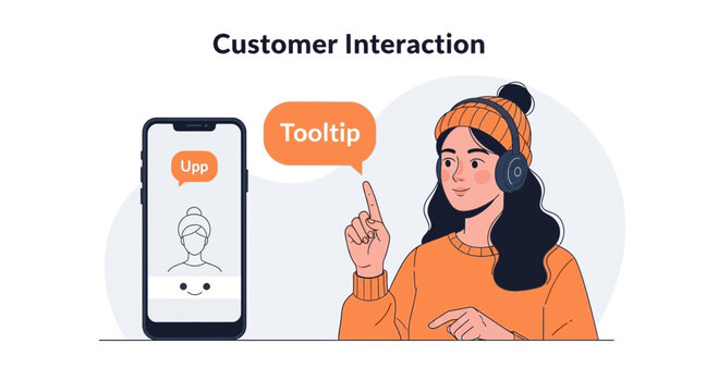 Customer interaction with tooltip on smartphone, young woman with headphones