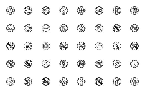 Swimming pool rules icon set. Minimal vector icons pack. Includes no pets, no diving, no running, no smoking, use restrooms, lifeguard, pool depth and more.