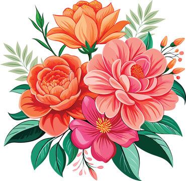 Vibrant of pink and orange gerbera daisies with green leaves