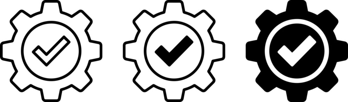 Set of gear icons with check mark symbol, settings completed sign