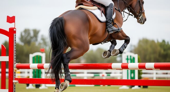 Equestrian show jumping horse and rider clearing red obstacle in competition