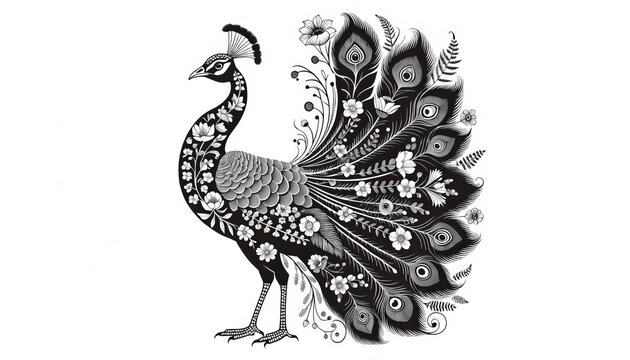 A beautifully illustrated peacock in black and white, adorned with intricate floral patterns on its feathers.