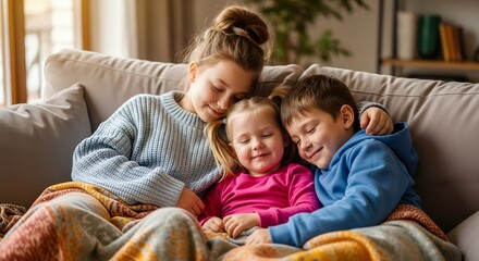 Obraz premium Happy siblings cuddling on cozy sofa in warm home lighting