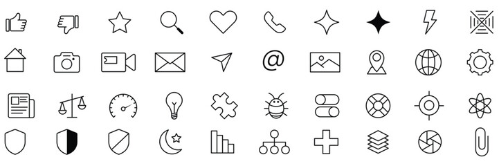 Fototapeta premium Minimalist linear style universal social media marketing business webpage and application navigation user interface design elements vector illustration icon set