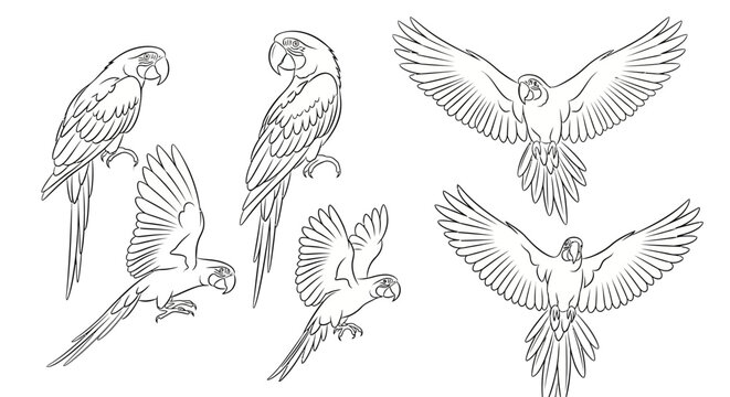Set of Hand-Drawn Macaw Parrot Sketches in Various Poses
