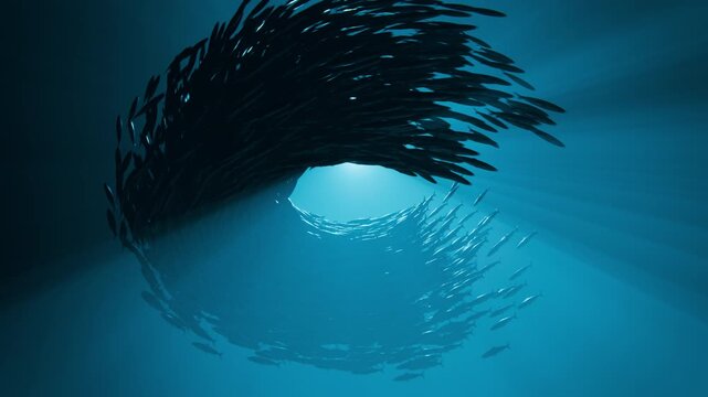 3D Animation of Bait Ball Fish Swarm Sphere Underwater, 3D Ocean Concept