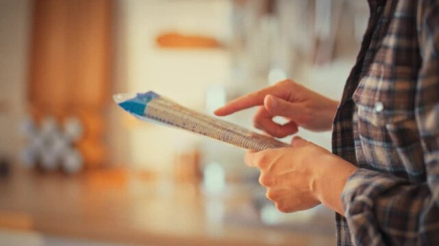 Bathed in warm morning light, girl stands in her kitchen reading product label, checking its nutrition facts. focused scene highlights her commitment to healthy eating careful food quality control