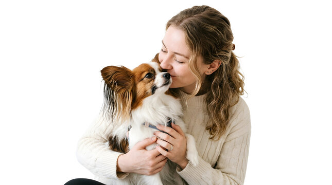 Young woman with curly blonde hair gently kissing her adorable papillon dog while holding the small pet close in a tender moment of affection captured in this bright studio photograph