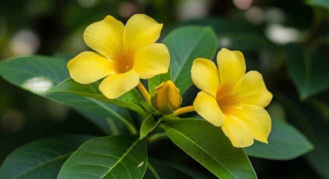 Golden Trumpet Flowers in Full Bloom with Lush Green Leaves.